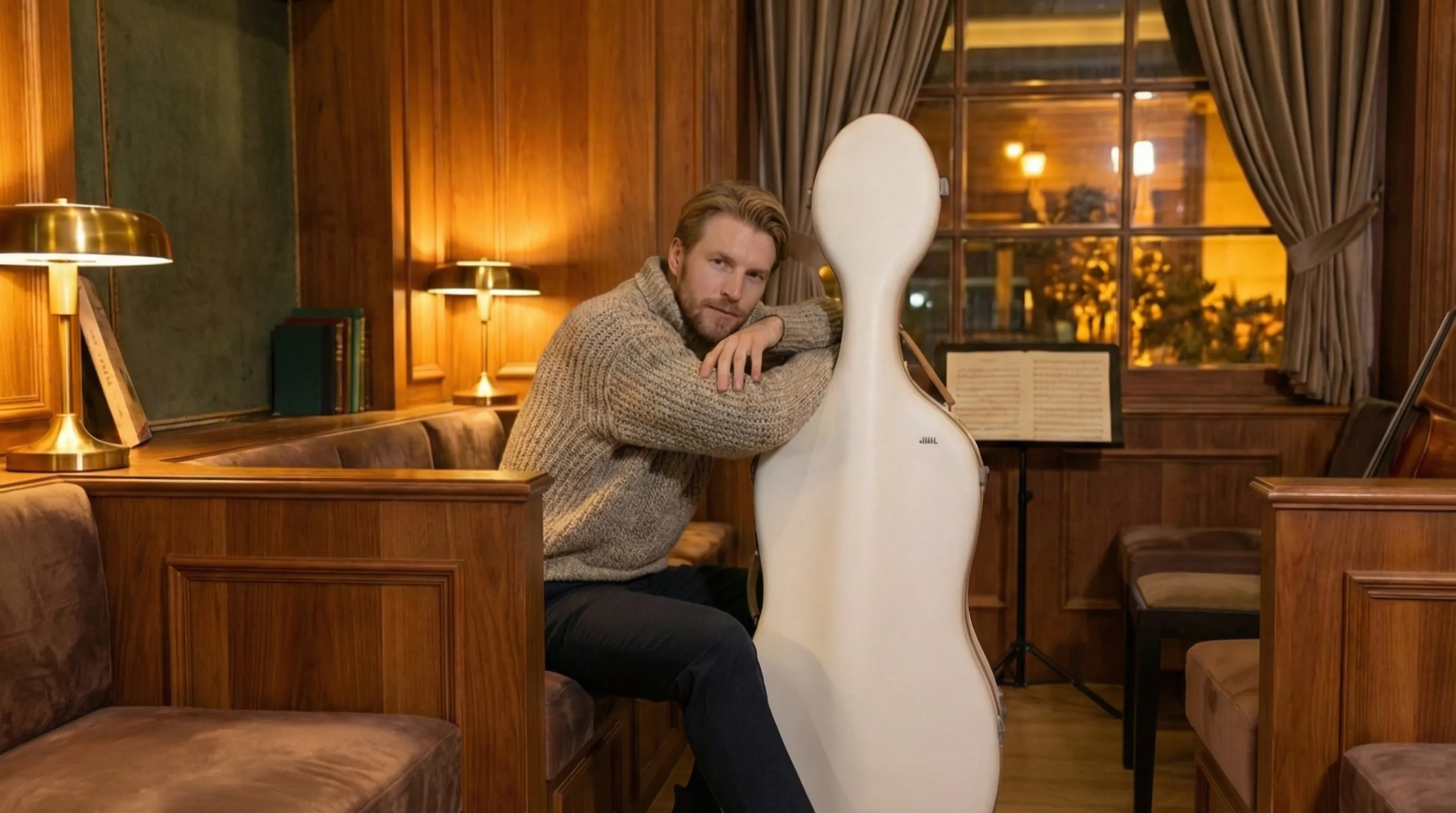 Musician carrying a JML cello case in a grand concert hall